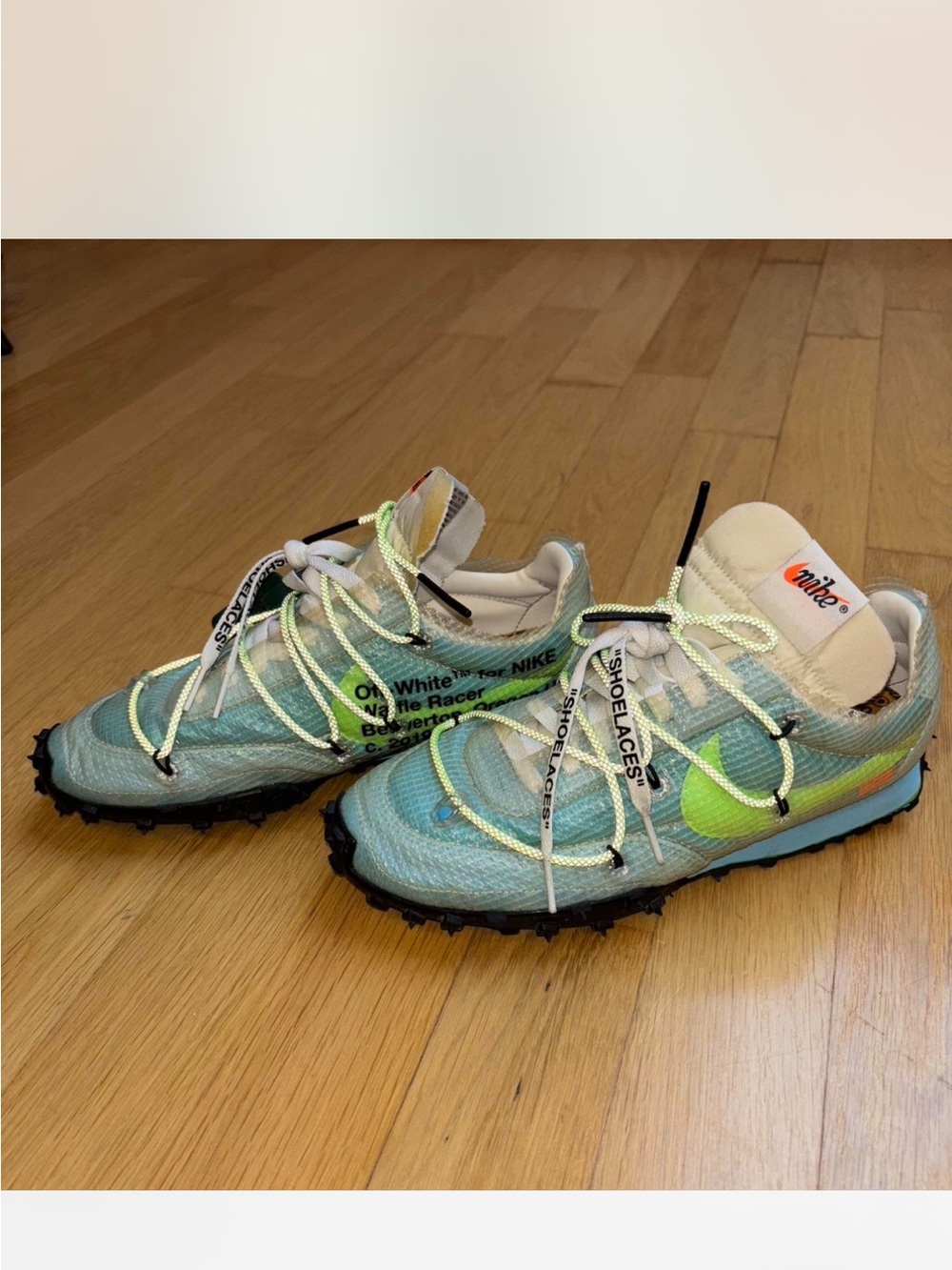 Nike Off-White Waffle Racer Sneakers in Teal with Neon Green Swoosh